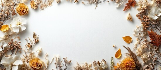 Poster - Elegant empty frame adorned with gold accents and dried floral decorations on a neutral background for customizable text or artwork.