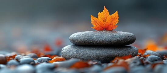 Poster - Serene stacked stones with an autumn leaf showcasing tranquility and nature's beauty in a calming setting