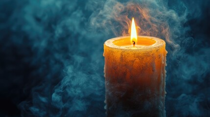 Poster - Extinguished candle surrounded by wisps of smoke creating a serene and atmospheric background in deep blue tones