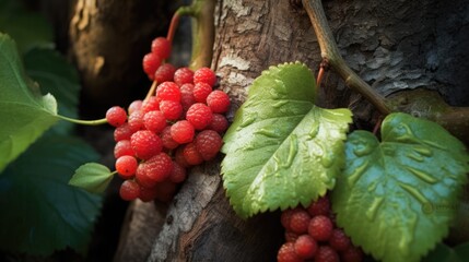 Sticker - Close up of vibrant red and green fruits growing on a textured tree trunk surrounded by lush green leaves in natural sunlight