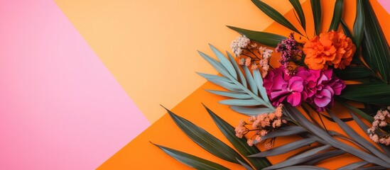 Poster - vibrant floral arrangement with colorful geometric background showcasing tropical leaves and blossom