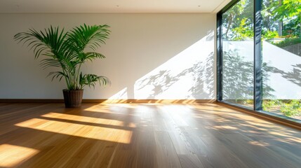 Poster - Transform your living space shadow play with tropical plants in a warm wooden environment for a serene atmosphere