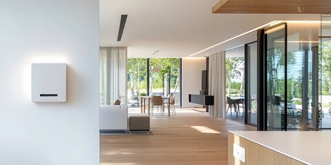 Poster - Enhancing home automation connected interior wall mounted controls in soft beige modern living space contemporary design perspective
