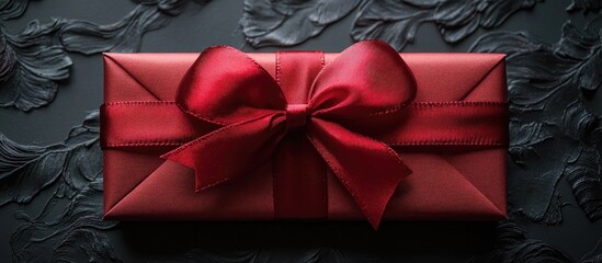 Elegantly wrapped red gift box with satin ribbon bow on textured dark background