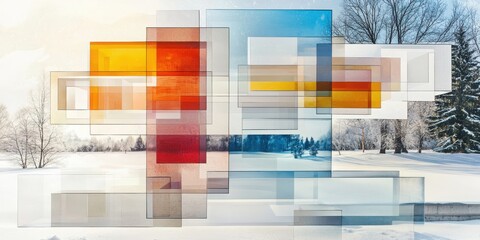 Poster - Exploring bold contemporary geometric designs with transparent layers in a winter landscape environment for visual arts enthusiasts