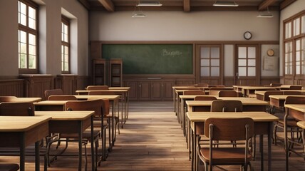 Wall Mural - Empty classroom scene with a back-to-school theme in a high school setting. The interior features vintage wooden desks and chairs, evoking a classic academic atmosphere. Ideal for studying.