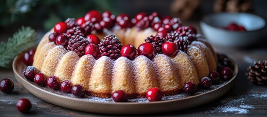 Canvas Print - Festive Christmas pound cake decorated with cranberries and pinecones served on a wooden platter ideal for holiday celebrations