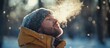 © DigitalDruid - Man enjoying the crisp winter air with a snowy landscape backdrop and misty breath in a serene outdoor setting.