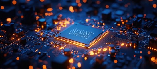Poster - Macro close-up of a RAM chip illuminated on a motherboard showcasing technology and hardware innovation against a dark background