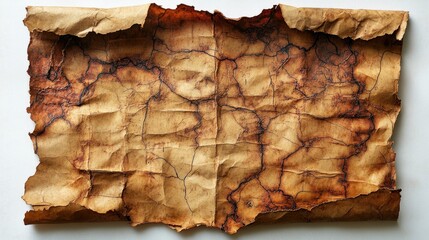 Poster - Worn and crumpled ancient paper with dark edges isolated on a clean white background for design or historical concept use