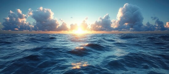 Poster - Serene ocean view at sunset with vibrant clouds and shimmering water reflecting the golden light of the sun above the horizon.