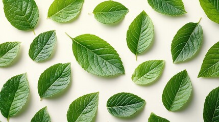 Poster - Green leaves arrangement on a white background showcasing natural patterns and textures for design and nature themes.