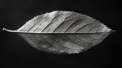 Poster - Detailed close-up of a fresh leaf isolated on a black background showcasing intricate textures in monochrome photography.