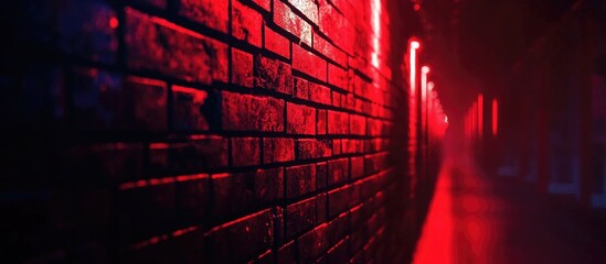 Poster - Illuminated red brick wall showcasing texture with dramatic lighting effects in a moody urban environment for artistic backgrounds.