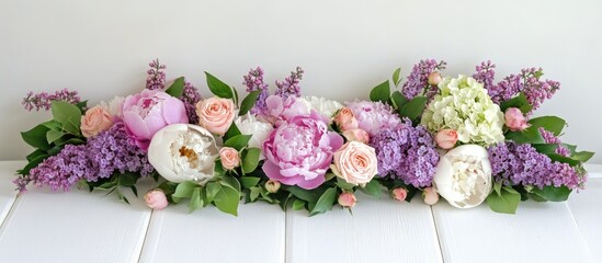 Poster - Elegant floral arrangement with peonies lilacs and roses on white wood background showcasing vibrant colors and space for customizable text