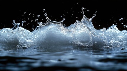Poster - High-resolution image of dynamic water splash capturing droplets and wave patterns on a dark background for creative design use