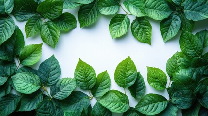 Poster - Green leaves arranged in a circular border on a white background creating a fresh and natural frame for text or design elements
