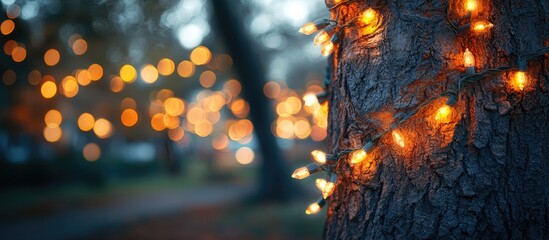 Poster - Festive outdoor tree trunk adorned with glowing garland lights creating bokeh ambiance in a tranquil park setting during evening hours