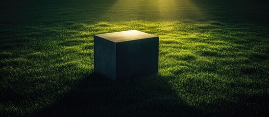 Poster - Large light fixture on cement block in grassy field casting intricate shadows creating depth and atmosphere in natural lighting setting