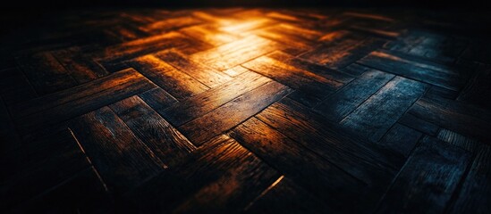 Poster - Antique parquet flooring texture illustrating restoration potential in a dimly lit apartment showcasing aged wooden craftsmanship and detail.