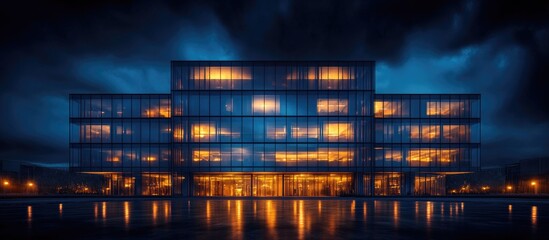 Poster - Modern glass facade of an office building illuminated at night showcasing architecture and design against a dramatic twilight background