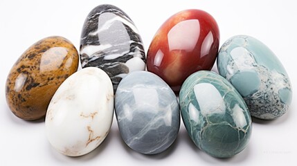 Poster - Colorful polished sea stones arranged artistically on a white background showcasing natural textures and vibrant patterns
