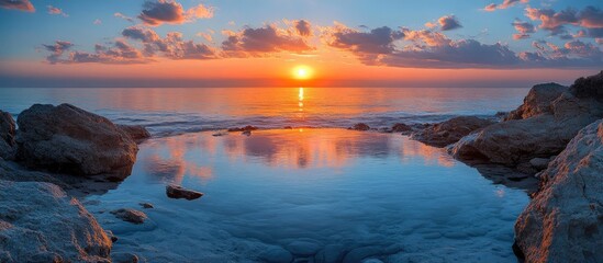 Poster - Serene sunset over natural tide pools reflecting vibrant colors at the beach shoreline
