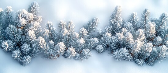 Spruce branches covered in fresh snow create a serene winter background on bright white boards.