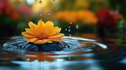 Poster - Macro shot of yellow flower in water with droplets creating reflections and vibrant background colors showcasing nature's beauty.
