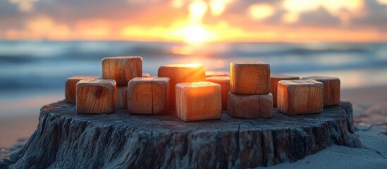 Poster - Sunset illumination on wooden cubes arranged on a tree stump with waves in the background creating a serene beach atmosphere