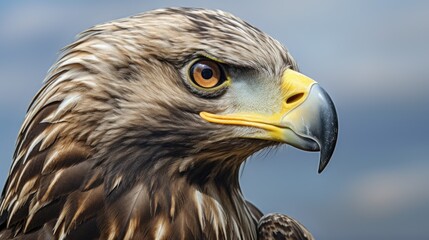 Juvenile Bald Eagle close up portrait showcasing intense gaze and detailed feathers against a soft background