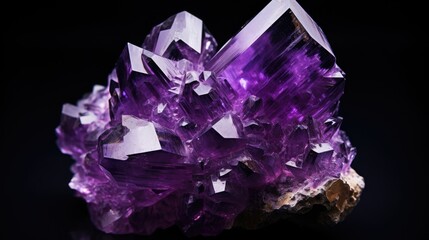 Poster - Macro shot of vibrant amethyst crystal cluster on a dark background showcasing its intricate facets and rich purple hues.