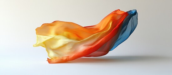 Poster - Vibrant flowing silk fabric in shades of orange yellow and blue against a clean white background showcasing texture and movement