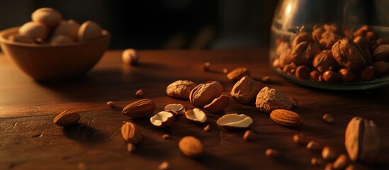 Poster - Assorted nuts scattered on a rustic wooden table with a bowl and jar in soft natural light showcasing their textures and colors.