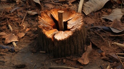 Poster - Old tree stump surrounded by dried leaves and soil creating a rustic natural scene in a forest environment.