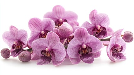 Poster - Macro closeup of vibrant purple orchid flower cluster with buds and green leaves isolated on a clean white background for floral designs.