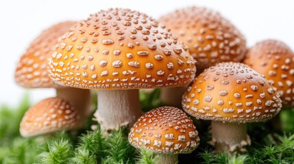 Poster - Mushrooms with distinctive textures and colors arranged on green moss against a white background in a close-up photograph.