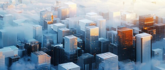 Poster - Urban abstract visualization geometric cityscape digital artwork misty blue environment aerial view layered blocks concept