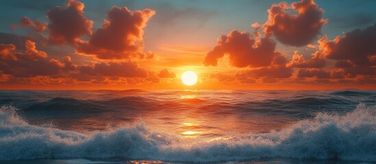Poster - Tranquil ocean sunset with vibrant colors and gentle waves creating a serene coastal landscape atmosphere.