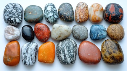 Poster - Variety of polished sea pebbles and stones arranged on a white background showcasing natural textures and colors