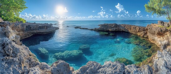 Poster - Natural volcanic rock pool by the ocean under a bright sun with clear turquoise waters and scenic coastal landscape