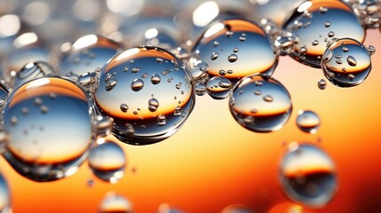 Poster - Macro view of water droplets reflecting a vibrant sunset on a smooth surface creating an abstract natural background.