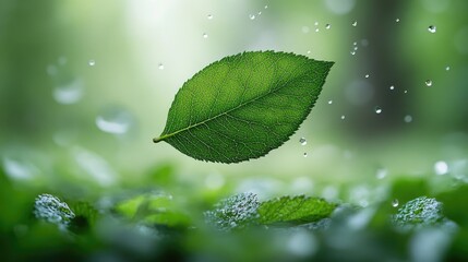 Poster - Floating green leaves with water droplets on a blurred natural background creating a serene and fresh atmosphere in nature photography.