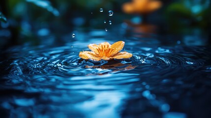 Poster - Water droplets on a dark blue surface with a beautiful orange flower creating ripples and reflections in a serene natural setting
