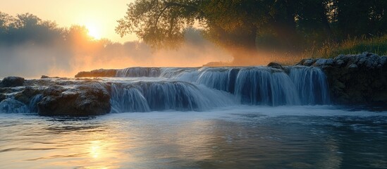 Poster - Serene sunrise over a misty river with cascading waterfalls and vibrant reflections in tranquil waters