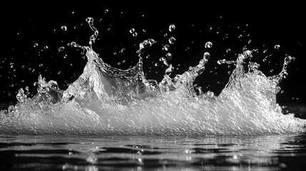 Poster - Elegant water splash captured in high contrast, showcasing dynamic movement and intricate droplets against a black background.