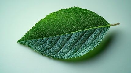 Poster - Vibrant green leaf isolated on a light backdrop highlighting its natural texture and details for use in eco-friendly design projects.