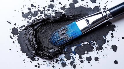 Poster - Black watercolor spill with blue paintbrush creating artistic patterns on a clean white surface ideal for creative design projects
