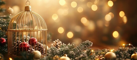 Poster - Golden bird cage adorned with festive ornaments set against a sparkling Christmas tree background creating a warm holiday atmosphere.