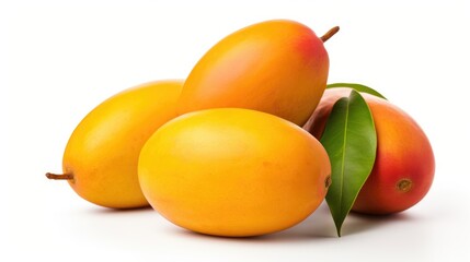 Poster - Fresh ripe mangoes arranged beautifully with green leaves on a clean white background showcasing their vibrant colors and natural appeal.